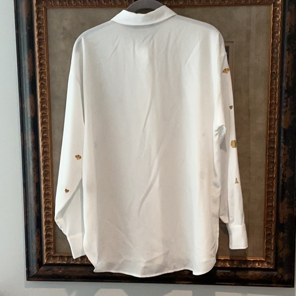NWOT Karl Lagerfeld White Button- Down Shirt w/ Gold Metallic Images - Picture 7 of 11